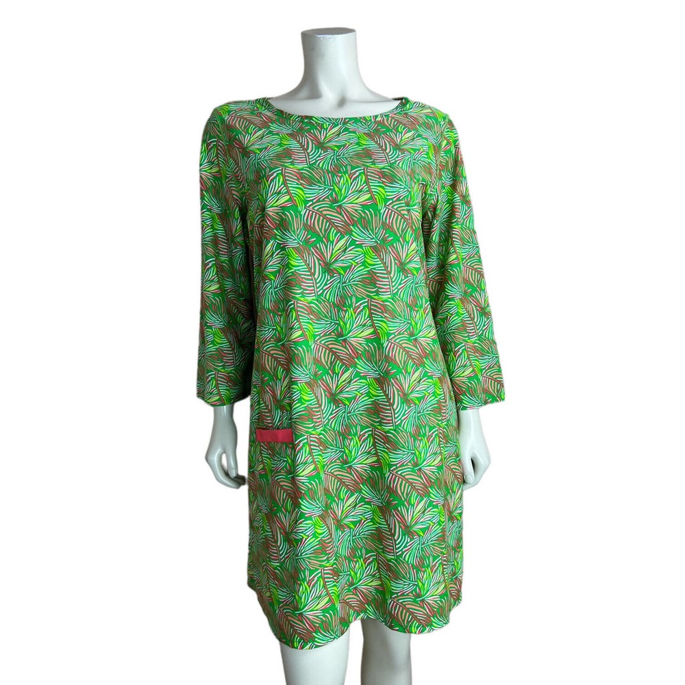 Cabana Life Printed Shift Dress Palm Breeze Green Pink 3/4 Sleeve Pocket XL